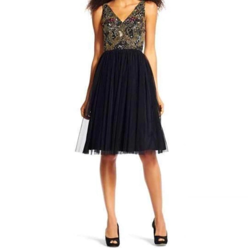 Adrianna Papell Black and Gold Embellished Dress